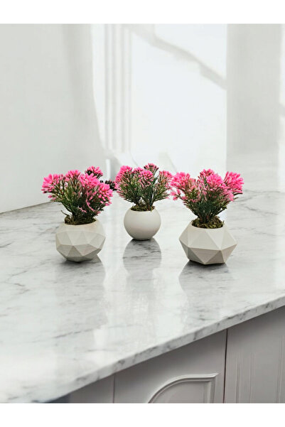 zanfagroup Mini Beton Saksı 3 Lü Set Boncuk Yapay Çiçek