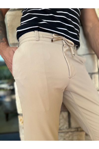 wontilotte Erkek Jogger Pantolon Bej Beli Kemerli ,yarım Lastikli Bağcıklı Yüksek Kalite Joger