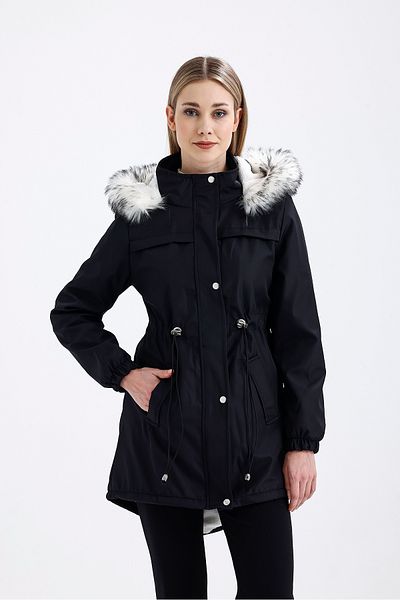 Sense Plush Finish - Black Ecru Coat with Hoodie and Laces