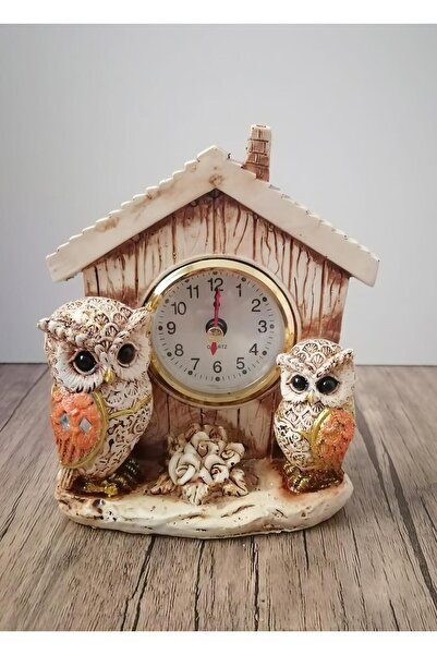 e-life shop Lüks 2'li Baykuş İşlemeli Dekoratif Biblo Masa Saati Ev Ofis Yeni Yıl Hediyesi Konsol Vitrin Süsü 2