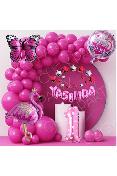 CUGY Girl's Birthday Flamingo Figure Butterfly Fuchia Balloon Chain Party Set