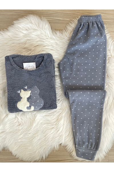 Pijamacs Set de pijamale din lână gri închis cu model de pisică și inimă