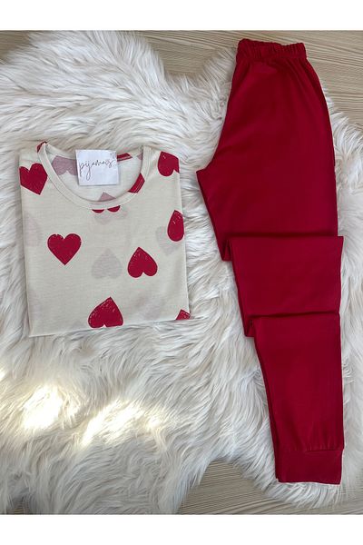 Pijamacs Ecru Red Heart Patterned Cotton Short Sleeve Knitted Pajamas Set