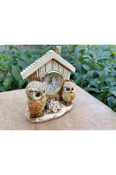 e-life shop Lüks 2'li Baykuş İşlemeli Dekoratif Biblo Masa Saati Ev Ofis Yeni Yıl Hediyesi Konsol Vitrin Süsü 2