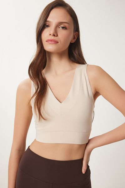 Lovelyİstanbul Αθλητικό σουτιέν V-Neck Shaper - Στήριγμα, Πλεκτό, ΚΡΕΜΑ LVX0009