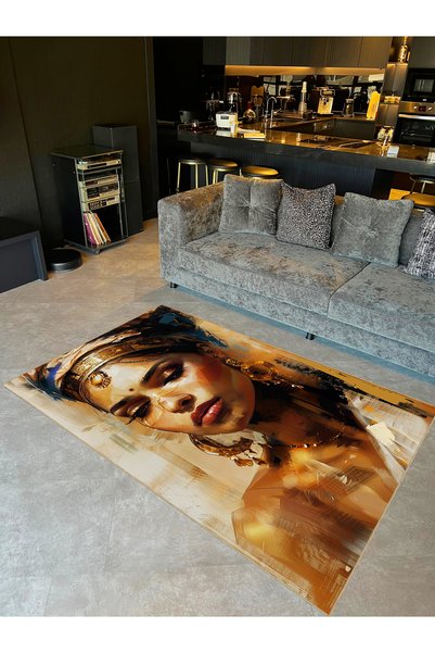 Rugs Modern Halı Semih Collection Abstract Woman Portrait in Coffee Tones Pat...
