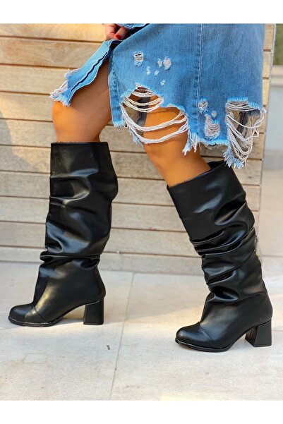 irmona Pusı Siyah Deri Geniş Konç Körüklü Diz Altı Çizme