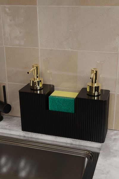 DOVİHOME 500 ml Double Chamber Black Liquid Soap Dispenser Gold Look Detergent Dispenser with Pump and Sponge Dispenser