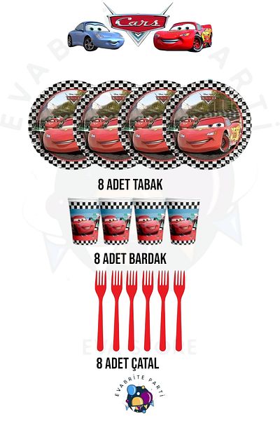 Evabrite Cars Cars Birthday Set de 8 farfurii, cești, furculițe, material pentru petrecerea de aniversare