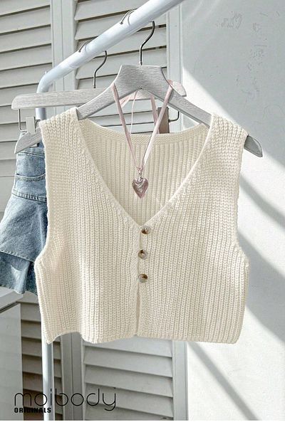 Moibody 4 Seasons Versatile Solid Color V-Neck Sleeveless Knitwear Top Cardigan
