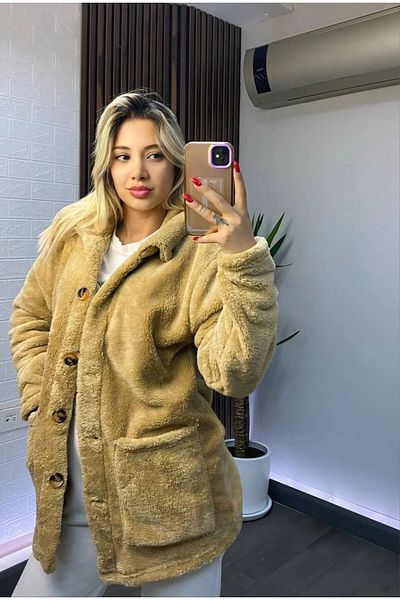 hazelin Women's Dark Beige Oversize Plush Jacket - Double Pocket, Button, Unlined Hzl25W-Dsb 110991