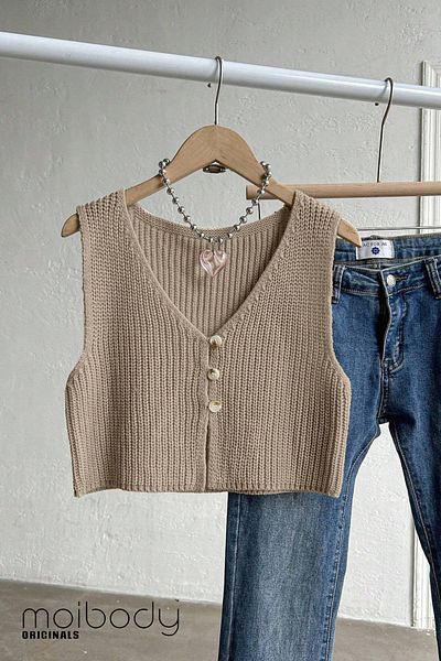 Moibody 4 Seasons Versatile Solid Color V-Neck Sleeveless Knitwear Top Cardigan