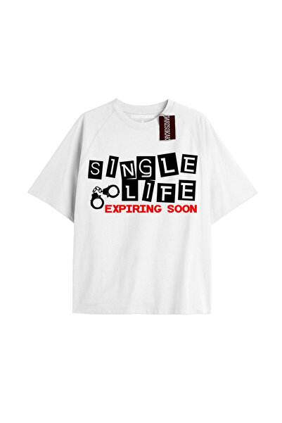 TIMESWASTINGIRL Tricou unisex alb oversize cu imprimeu text - SINGLE LIFE
