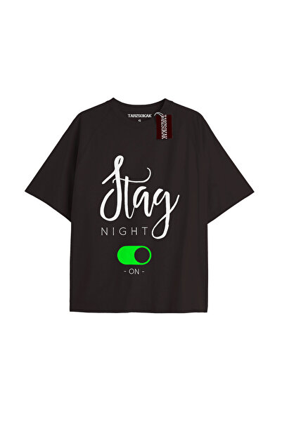 TIMESWASTINGIRL STAG NIGHT Tricou Unisex Oversize cu imprimeu text NEGRU