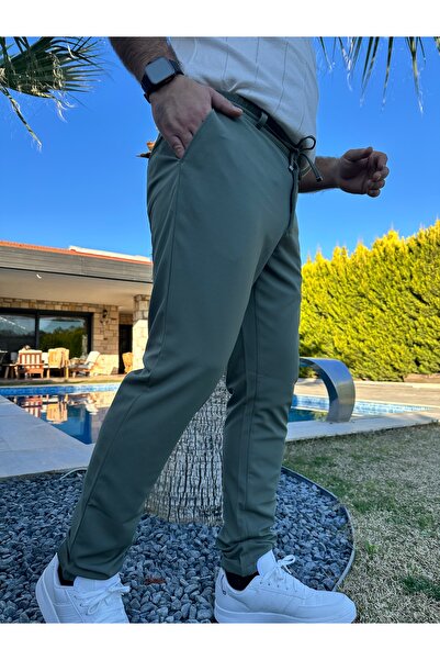 wontilotte Erkek Jogger Pantolon Yeşil Italyan Kesim, Beli Kemerli Lastikli Bağcıklı Yüksek Kaliteli