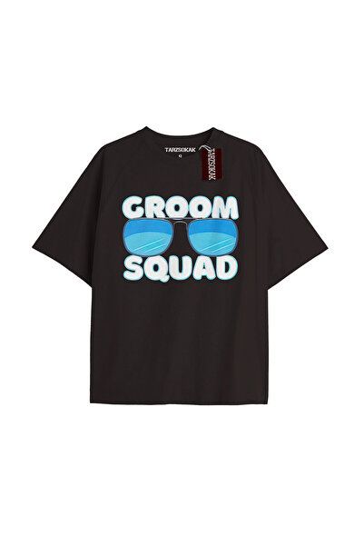 TIMESWASTINGIRL GROOM SQUAD Tricou Unisex Oversize cu imprimeu text NEGRU