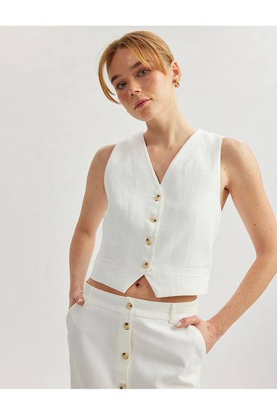 Koton Cotton Viscose Fabric V-Neck Buttoned Sleeveless Vest