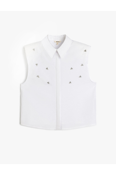 Koton Regular Fit Cotton Blended Sleeveless Padded Rhinestone Shirt