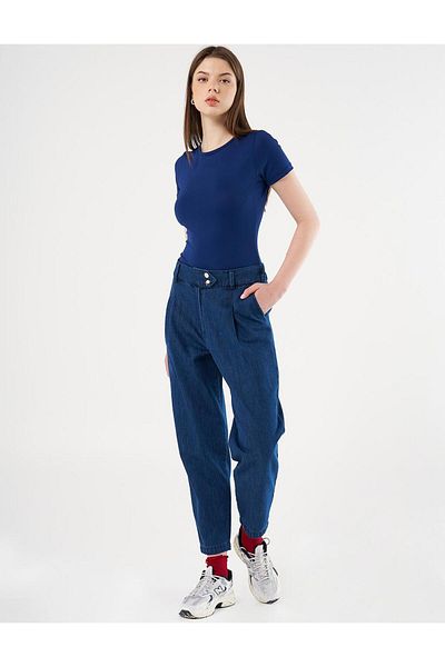 Kayra Navy Blue Denim Trousers - Pleated and Carrot Cut