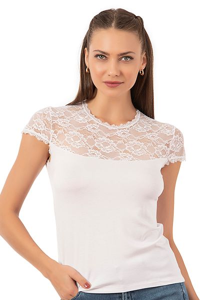 ÖZKAN underwear Özkan 7371 Γυναικεία Premium άνετο ύφασμα με δαντέλα βισκόζη και κοντομάνικη πλεκτή μπλούζα