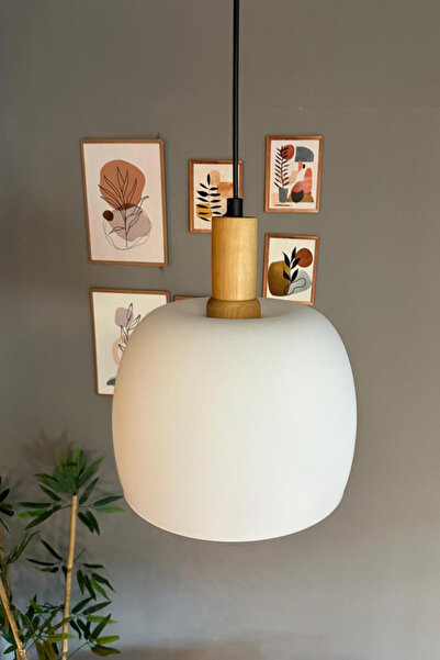 Bamyum Dijon Beyaz Cam Sarkıt Avize Ahşap Fener Başlık Salon Mutfak Avizeleri...