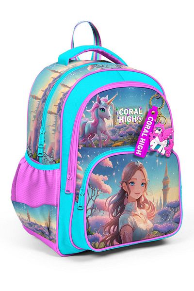 Coral High Kids Turquoise Pink Anime Girl Patterned Three Compartment School Backpack 14420