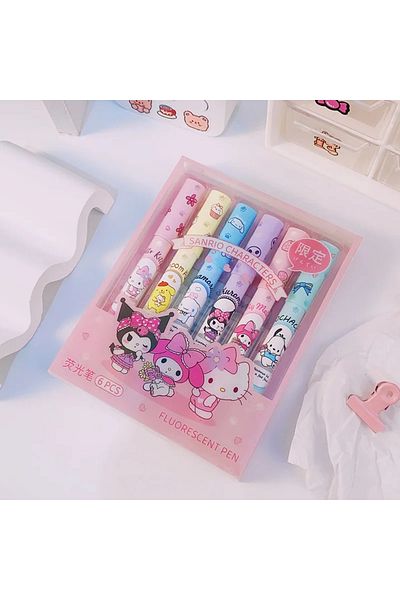 Choice 6pcs Set A 6pcs Highlighter Pen Set Kawaii Kuromi Melody Cinnamoroll Art Fluorescent Markers Pens S