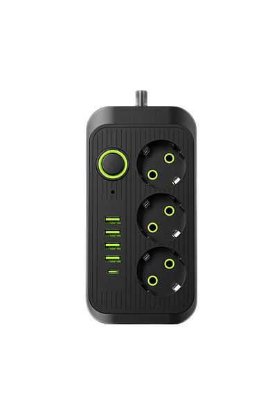 Choice كابل تمديد 2 متر أسود من الاتحاد الأوروبي و3 منافذ تيار متردد ومقبس كهربائي مع 4 منافذ USB و1 من النوع C