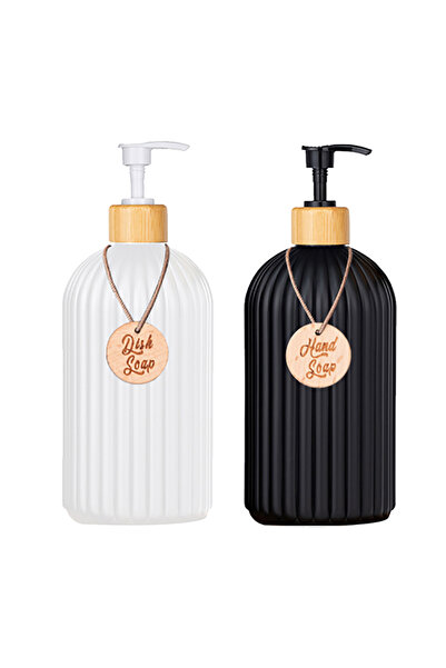 Choice موزع صابون أبيض وأسود مع مضخة من الخيزران، شامبو وبلسم قابل لإعادة الت...