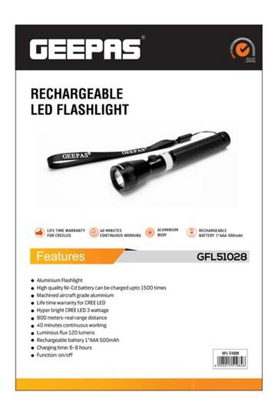 Geepas Rechargeable LED Flashlight, 800m Range Distance | Aluminium Body | Lifetime Warranty CREE LED