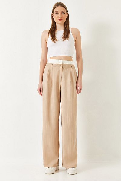 Bianco Lucci Women's Contrast Waist Detailed Striped Woven Trousers 60241010