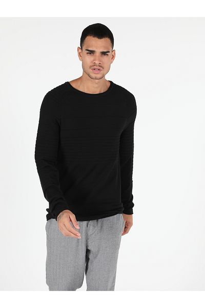 Colin's Pulover negru pentru bărbați, slim fit, cu gât rotund