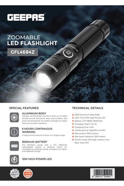 Geepas Zoomable LED Flashlight- 10W High Power LED