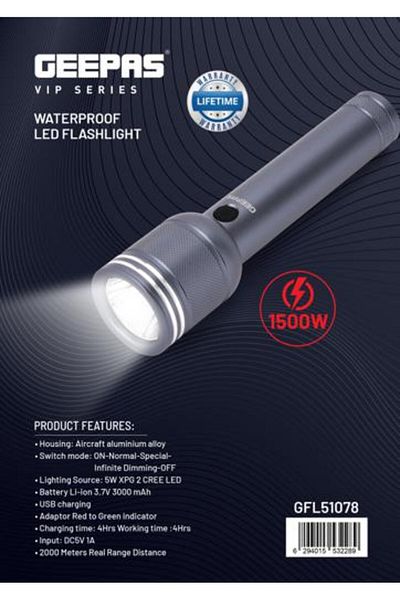 Geepas Waterproof LED Flashlight- 400W, 5W XPG 2 CREE LED, Perfect for Indoor and Outdoor Use