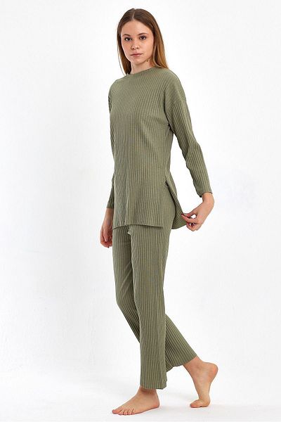 cankids Light Khaki Women's Pajamas Set - Ribbed Report Tracksuit and Casual Home Wear