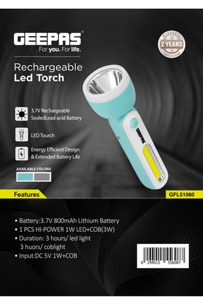 Geepas Rechargeable LED Torch- Sturdy Housing with COB and Hi-Power LED| 3 Hours Working Time