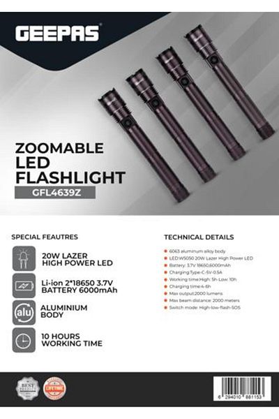 Geepas Zoomable LED Flashlight-  Pack of 4, 20W Laser High-Power LEDs