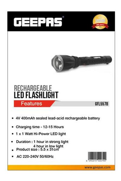 Geepas Rechargeable LED Flashlight |Hyper Bright 1W Hi-Power LED Torch Light