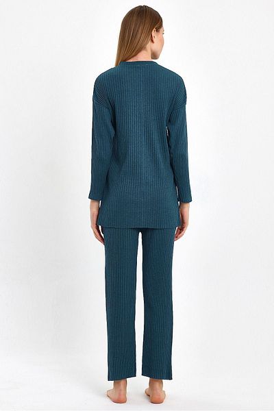 cankids Petrol Colored Corduroy Women's Tracksuit and Pajama Set - Casual Homewear with Report