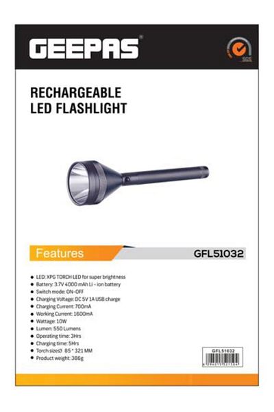 Geepas Rechargeable LED Flashlight - Hyper Bright Cool XPG Torch LED 550 Lumens| 4000mAh Battery |