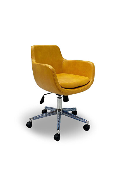 Atom Ofis Melik Sarı Deri Lüks Konforlu Şık Döner Metal Ayaklı Rahat Bilgisay...