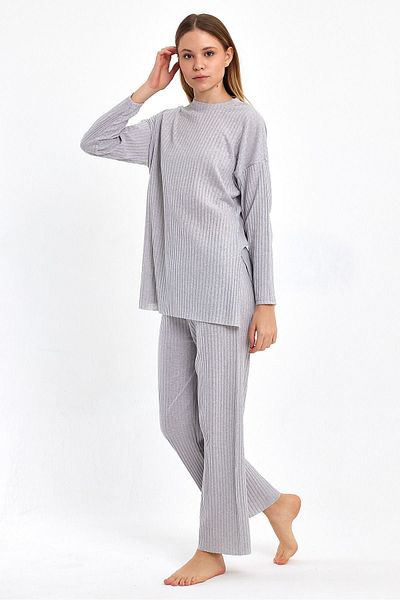 cankids Light Gray Women's Ribbed Pajamas Set - Reported Tracksuit and Casual Home Wear