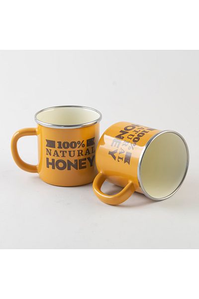 Savaşan Emaye Enamel Honey Yellow Mug, Camping Tea-Coffee Cup, Chrome Detailed Mug