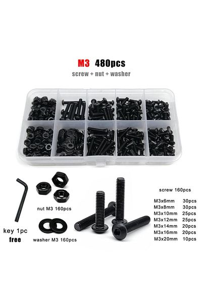 Choice M3 480pcs M1.6 M2 M2.5 M3 M4 M5 M6 M8 Black Grade 10.9 Steel Hex Hexagon Socket Allen Button Round H