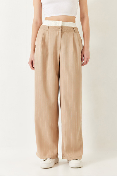 Bianco Lucci Kadın Kontrast Bel Detaylı Çizgili Dokuma Pantolon 60241010