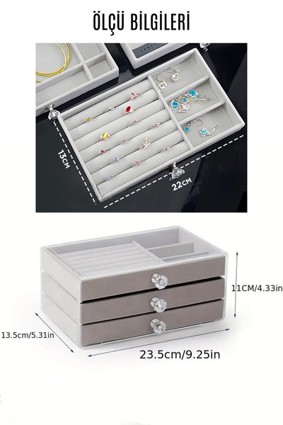 Ecrou Сучасна сіра коробка для ювелірних прикрас на 3 ящика Організатор ювелірних прикрас прозора 13 X 23 X 10 см