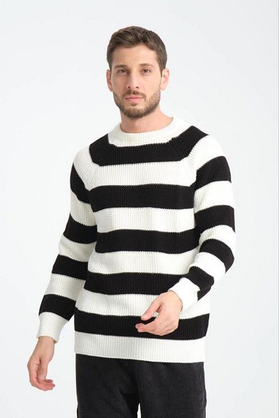 bafatex Men's Black - White Striped Knitwear Sweater