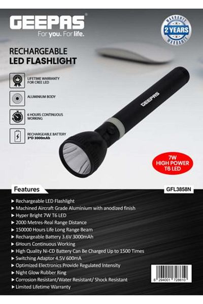 Geepas Rechargeable LED Flashlight, 357MM, 6 Hours Continuous Working with 3000mAh Battery
