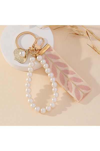 Choice Pink 1pc Faux Pearl Beaded Wristlet Phone Lanyard, Cute Leaf Keychain Purse Bag Charm Earbud Case Ac