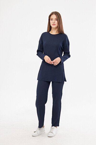 cankids Női sötétkék női bordás jelentések és melegítőnadrágok, alkalmi otthoni pizsama szett